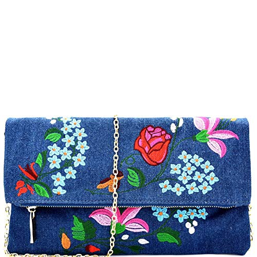 Flower Embroidery Fold-Over Clutch Denim with Chian Strap