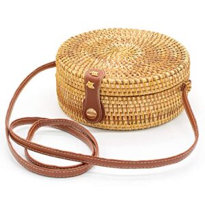 girl and cat handmade round straw rattan crossbody bag for women with shoulder leather strap (leather buckle)