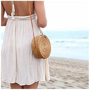 Girl and Cat Handmade Round Straw Rattan Crossbody Bag for Women with Shoulder Leather Strap (Leather buckle)