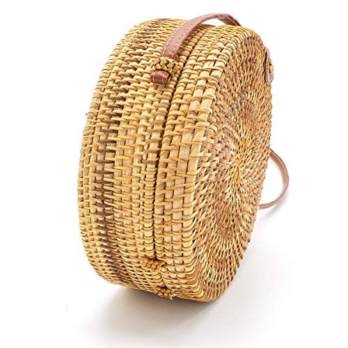 Girl and Cat Handmade Round Straw Rattan Crossbody Bag for Women with Shoulder Leather Strap (Leather buckle)