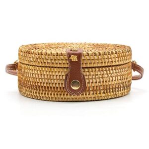 Girl and Cat Handmade Round Straw Rattan Crossbody Bag for Women with Shoulder Leather Strap (Leather buckle)