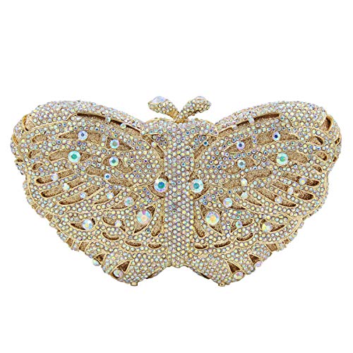 Ladies Evening-Bag Chain Wedding Diamond Clutch-Purse Crystal Handbag Light Gold Butterfly