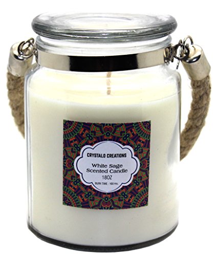 Crystalo Creations White Sage Scented Candle with Rope Handle, 18 Ounce