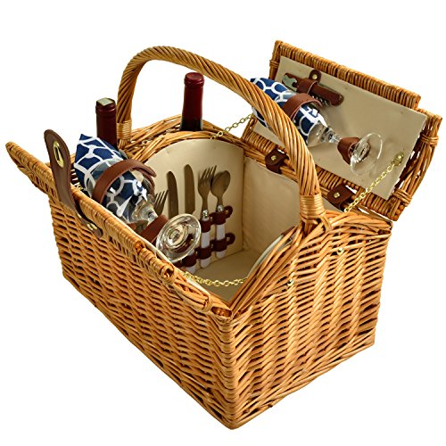 Picnic at Ascot Vineyard Willow Picnic Basket, Natural/Trellis Blue