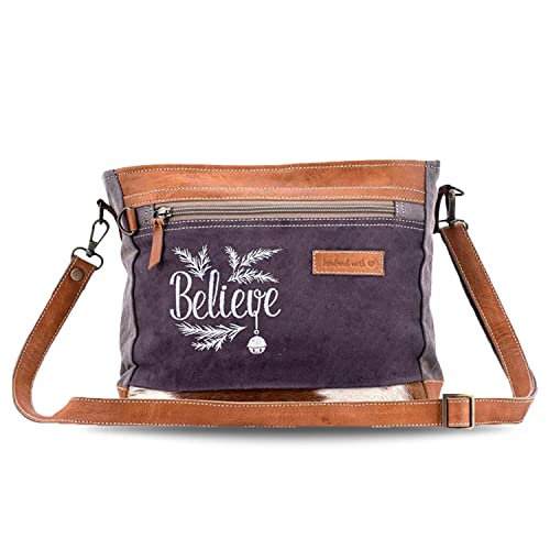 SIXTEASE Womens Shoulder Bag Vintage Style Shoulder Bags for Women - Made with Genuine Leather, Upcycled Canvas, or Hair On - Handmade, Adjustable Strap, Brass and Zinc Hardware - Believe