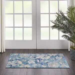 nourison tranquil floral turquoise 2′ x 4′ area -rug, easy -cleaning, non shedding, bed room, living room, dining room, kitchen (2×4)