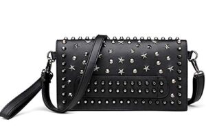 fivelovetwo women small punk rivet handbag purse clutch pu satchel shoulder tote top-handle bag black