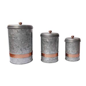 benjara, gray galvanized metal lidded canister with copper band, set of three, 3 count
