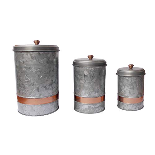 Benjara, Gray Galvanized Metal Lidded Canister with Copper Band, Set of Three, 3 Count