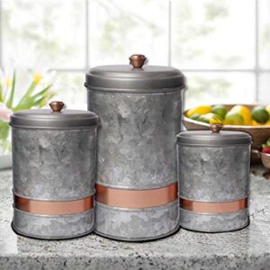 Benjara, Gray Galvanized Metal Lidded Canister with Copper Band, Set of Three, 3 Count