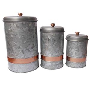 Benjara, Gray Galvanized Metal Lidded Canister with Copper Band, Set of Three, 3 Count