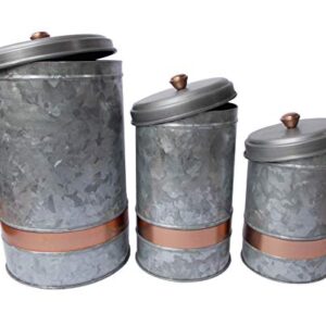 Benjara, Gray Galvanized Metal Lidded Canister with Copper Band, Set of Three, 3 Count