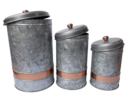 Benjara, Gray Galvanized Metal Lidded Canister with Copper Band, Set of Three, 3 Count