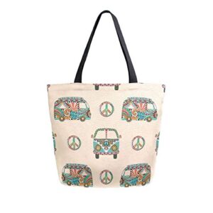 women top handle handbags shoulder tote bag colorful hippie camper bus tote washed canvas purses bag