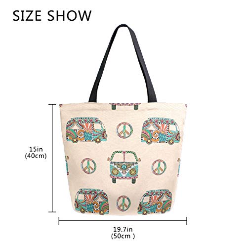 Women Top Handle Handbags Shoulder Tote Bag Colorful Hippie Camper Bus Tote Washed Canvas Purses Bag