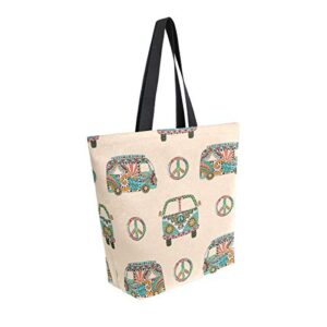 Women Top Handle Handbags Shoulder Tote Bag Colorful Hippie Camper Bus Tote Washed Canvas Purses Bag