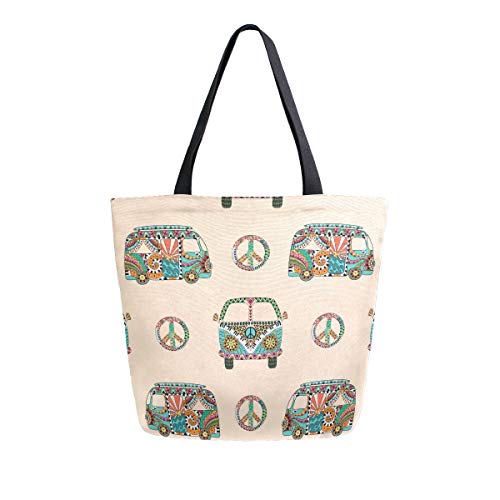 Women Top Handle Handbags Shoulder Tote Bag Colorful Hippie Camper Bus Tote Washed Canvas Purses Bag