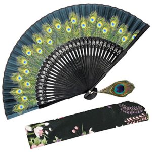 omytea hand held folding fan for women peacock chinese japanese oriental asian style – for wedding, dancing, church, party, gifts (green)