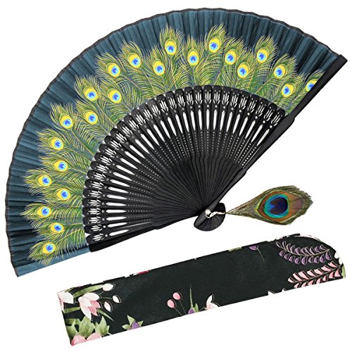 OMyTea Hand Held Folding Fan for Women Peacock Chinese Japanese Oriental Asian Style - for Wedding, Dancing, Church, Party, Gifts (Green)