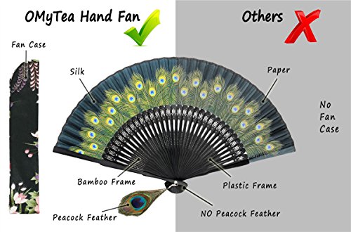 OMyTea Hand Held Folding Fan for Women Peacock Chinese Japanese Oriental Asian Style - for Wedding, Dancing, Church, Party, Gifts (Green)