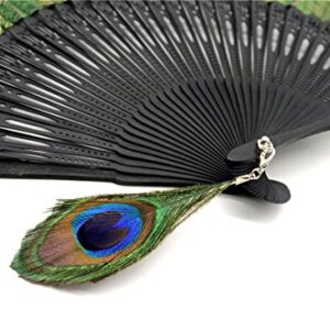 OMyTea Hand Held Folding Fan for Women Peacock Chinese Japanese Oriental Asian Style - for Wedding, Dancing, Church, Party, Gifts (Green)