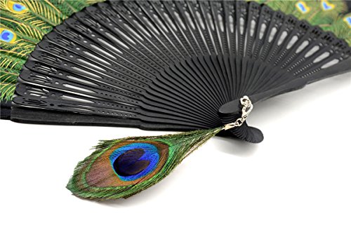 OMyTea Hand Held Folding Fan for Women Peacock Chinese Japanese Oriental Asian Style - for Wedding, Dancing, Church, Party, Gifts (Green)