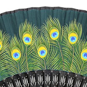 OMyTea Hand Held Folding Fan for Women Peacock Chinese Japanese Oriental Asian Style - for Wedding, Dancing, Church, Party, Gifts (Green)