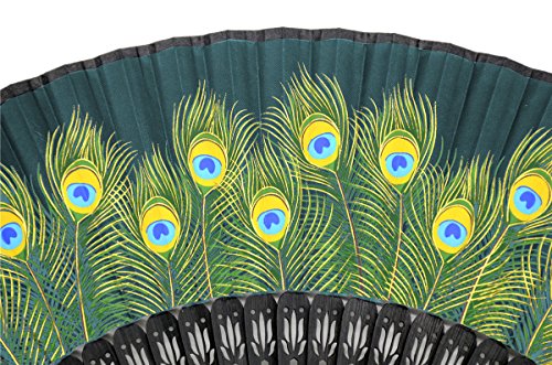 OMyTea Hand Held Folding Fan for Women Peacock Chinese Japanese Oriental Asian Style - for Wedding, Dancing, Church, Party, Gifts (Green)