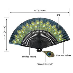 OMyTea Hand Held Folding Fan for Women Peacock Chinese Japanese Oriental Asian Style - for Wedding, Dancing, Church, Party, Gifts (Green)