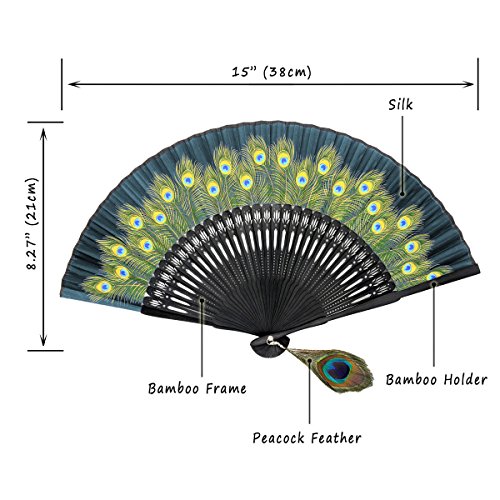 OMyTea Hand Held Folding Fan for Women Peacock Chinese Japanese Oriental Asian Style - for Wedding, Dancing, Church, Party, Gifts (Green)