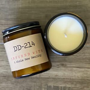 dd-214 infused with a whole new reality | premium soy wax candle | the snarky mermaid | amber jar candle | made in usa | snarky candles | scented candles for women and men