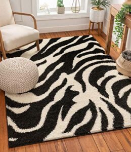 well woven madison shag safari zebra black animal print area rug (3’11” x 5’3″)