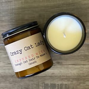 crazy cat lady infused with enough cat hair to make a couch | premium soy wax candle | the snarky mermaid | amber jar candle | made in usa | snarky candles | scented candles for women and men