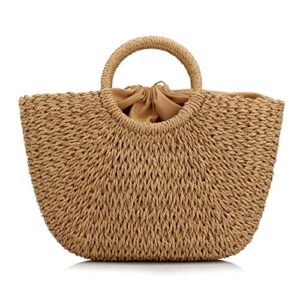 summer rattan bag for women straw hand-woven top-handle handbag beach sea straw rattan tote clutch bags (coyote brown)