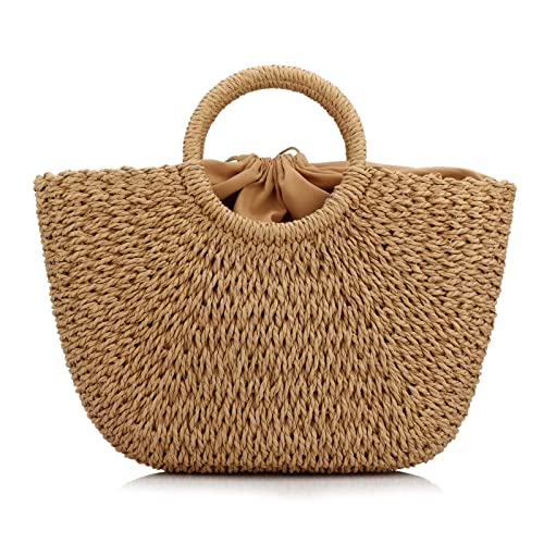 Summer Rattan Bag for Women Straw Hand-woven Top-handle Handbag Beach Sea Straw Rattan Tote Clutch Bags (Coyote brown)