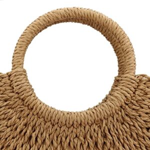 Summer Rattan Bag for Women Straw Hand-woven Top-handle Handbag Beach Sea Straw Rattan Tote Clutch Bags (Coyote brown)