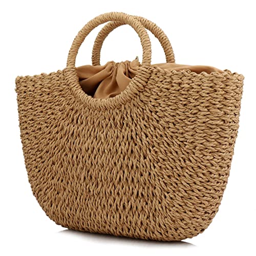 Summer Rattan Bag for Women Straw Hand-woven Top-handle Handbag Beach Sea Straw Rattan Tote Clutch Bags (Coyote brown)