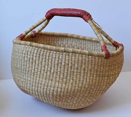 Bolga Baskets International, Large Round Natural Woven Straw Basket with Handle Fair Trade Storage Organizer