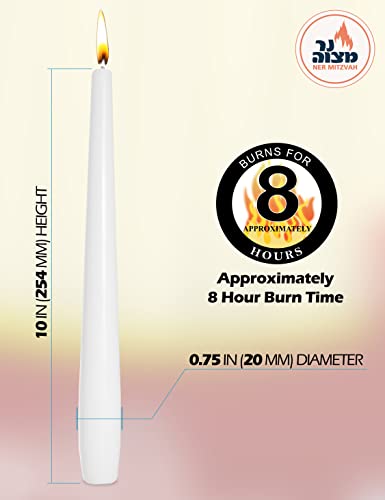 Classic White Taper Candles - 10 Inch – 30 Bulk Pack – for Shabbat, Dinner Tables, Restaurants, Ceremonies and Emergency - 8 Hour Burn Time