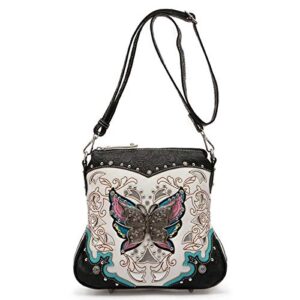 western style butterfly tooled leather women purse cross body handbag concealed carry single shoulder bag (black)