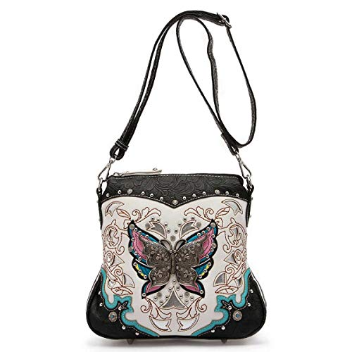 Western Style Butterfly Tooled Leather Women Purse Cross Body Handbag Concealed Carry Single Shoulder Bag (Black)