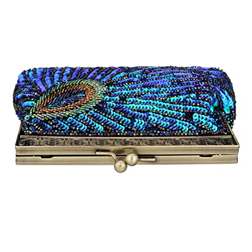 Womens Sequin Beaded Evening Bag Antique Peacock Evening Wedding Clutch Purse Evening Handbag for Wedding Party Cocktail (Peacock blue)