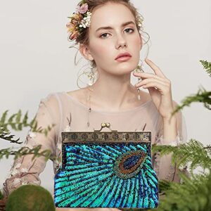 Womens Sequin Beaded Evening Bag Antique Peacock Evening Wedding Clutch Purse Evening Handbag for Wedding Party Cocktail (Peacock blue)