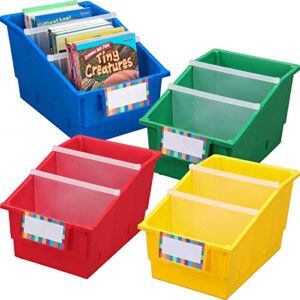 really good stuff large plastic labeled book & organizer bin, classroom organizing baskets, divided containers for books & supplies, label holders, organize school & home, primary colors 4 pk