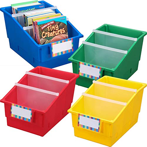 Really Good Stuff Large Plastic Labeled Book & Organizer Bin, Classroom Organizing Baskets, Divided Containers for Books & Supplies, Label Holders, Organize School & Home, Primary Colors 4 pk