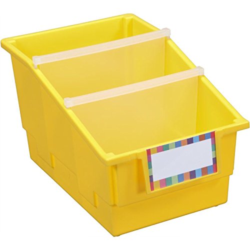 Really Good Stuff Large Plastic Labeled Book & Organizer Bin, Classroom Organizing Baskets, Divided Containers for Books & Supplies, Label Holders, Organize School & Home, Primary Colors 4 pk