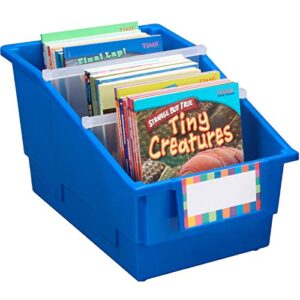 Really Good Stuff Large Plastic Labeled Book & Organizer Bin, Classroom Organizing Baskets, Divided Containers for Books & Supplies, Label Holders, Organize School & Home, Primary Colors 4 pk