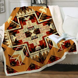 Sleepwish Aztec Southwestern Soft Fleece Throw Blanket Hippy Sherpa Blanket Warm Soft Vibrant Western Decor for American West Inspired Bedroom, Orange and Gold Queen (90" X 90")