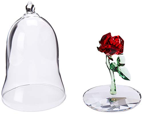 SWAROVSKI Beauty and the Beast Enchanted Rose, Red and Green Swarovski Crystal with Clear Base and Mouth-Blown Glass Bell Jar, Part of the Swarovski Beauty and the Beast Collection