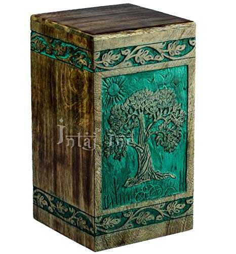 INTAJ Cremation Urn for Human Ashes - Wooden Urn Box for Ashes Handcrafted - Tree of Life Memorial Urn Funeral Cremation Urns (L(11.25x6.25) 250Cu, Teal Green)